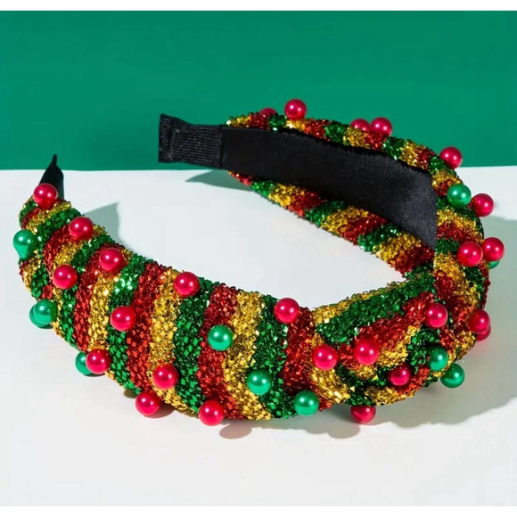 Boutique Accessories - Christmas Shimmer Red, Green and Gold Top Knot Headband with Faux Pearls